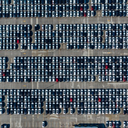 Aerial rows of parked cars