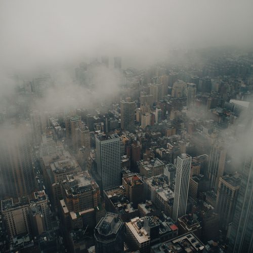 City through fog