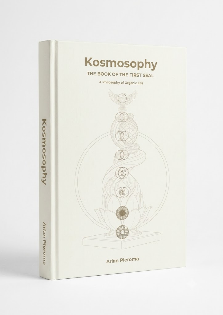Kosmosophy book cover mockup — cream hardcover with gold geometry and title